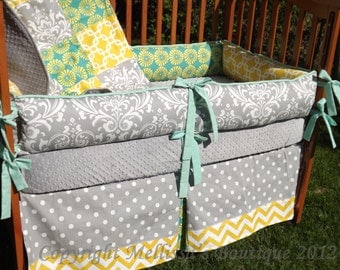Custom Grey with Teal and Yellow Accent 4-Piece Complete Boutique Crib Nursery Bedding Set GENDER NEUTRAL