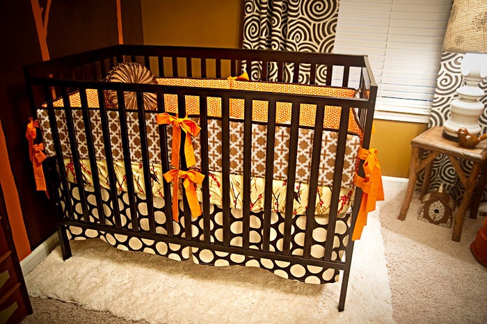 Custom for remojay Orange and Brown Modern Birds Boutique Crib Bedding Set with Piping(as seen in BABY TALK Magazine)