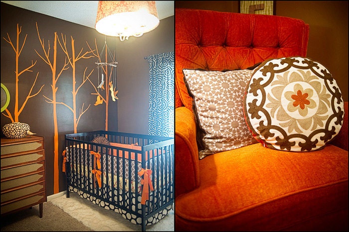 Custom for remojay Orange and Brown Modern Birds Boutique Crib Bedding Set with Piping(as seen in BABY TALK Magazine)