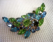 Vintage 1950s Green Aqua Crescent Brooch Large Rhinestone Pin
