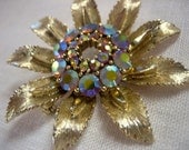 Vintage Lisner Gold AB Rhinestone Sunflower Brooch