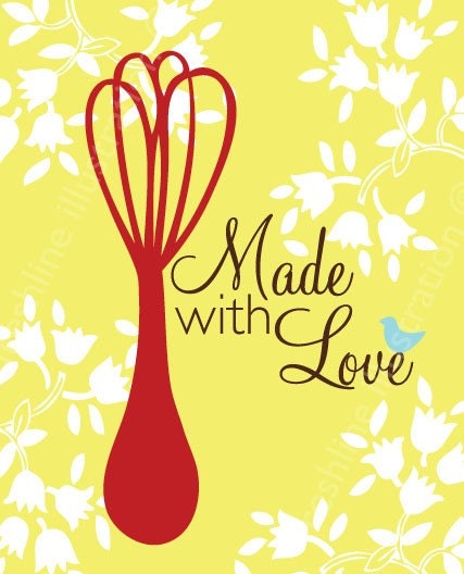 Made with Love Mixer and Electric Mixer Kitchen Prints 2 -8x10 Art Prints in Red, Yellow, Teal or custom color scheme to match your kitchen