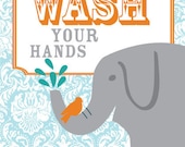 Children's Art Print - Please Wash Your Hands with Elephant and Bird on Damask  Bathroom Art Print 8x10