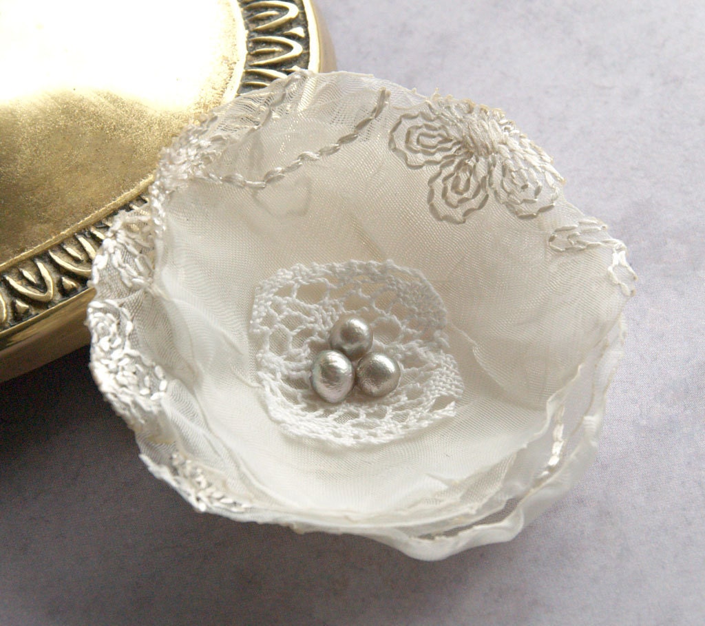 Ivory organza flower with lace and pearls - brooch or bobby pin