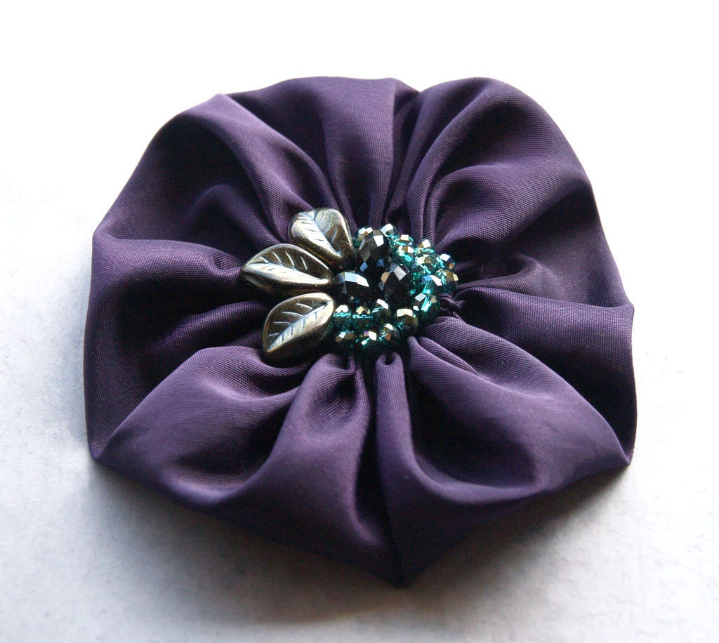 Ruffled purple and aqua satin silk corsage flower brooch