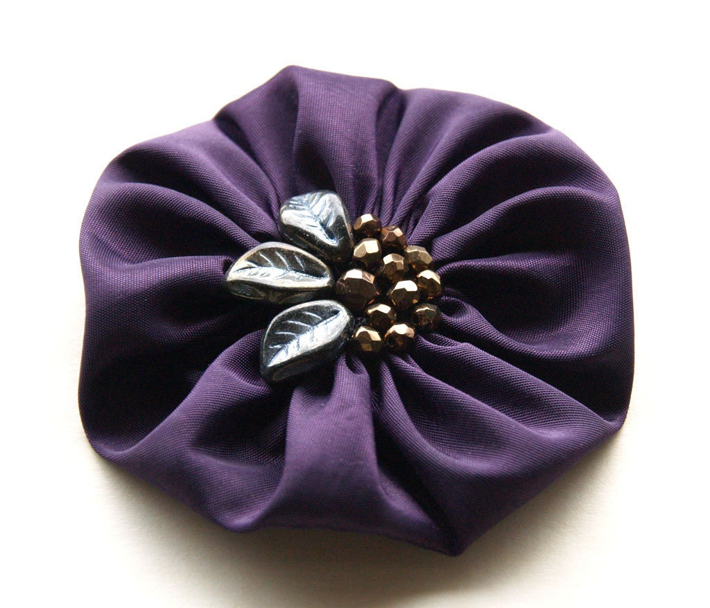 Satin silk flower corsage brooch - purple with leaves in earth tones
