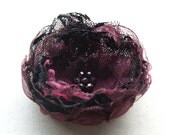 Organza flower brooch in fuschia and black lace