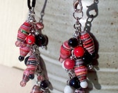 Love in Motion  -  Rolled Paper Beads Pink Red Black Glass Dangle Silver Cord Necklace