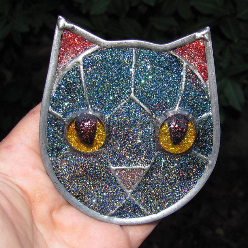 Stained Glass Glitter Cat Face Refrigerator Magnet Ornament