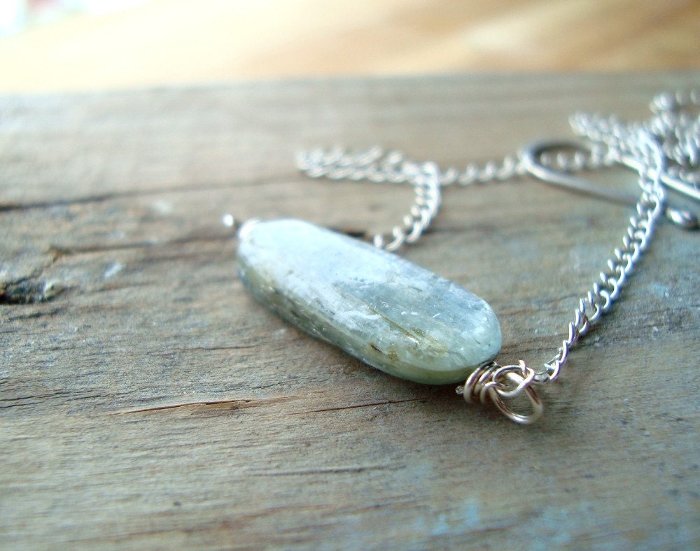 Blue Kyanite Necklace Sterling Chain Wire Wrapped Minimalist Summer Fashion - Denim