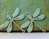 Two Brass Dragonfly Charms - Shabby Chic Collection - Sky Blue