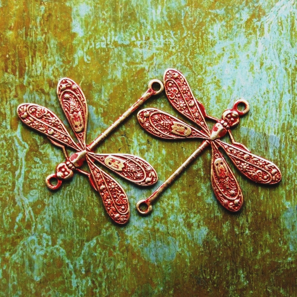 Two Brass Dragonfly Charms - Shabby Chic Collection - Ruby Red