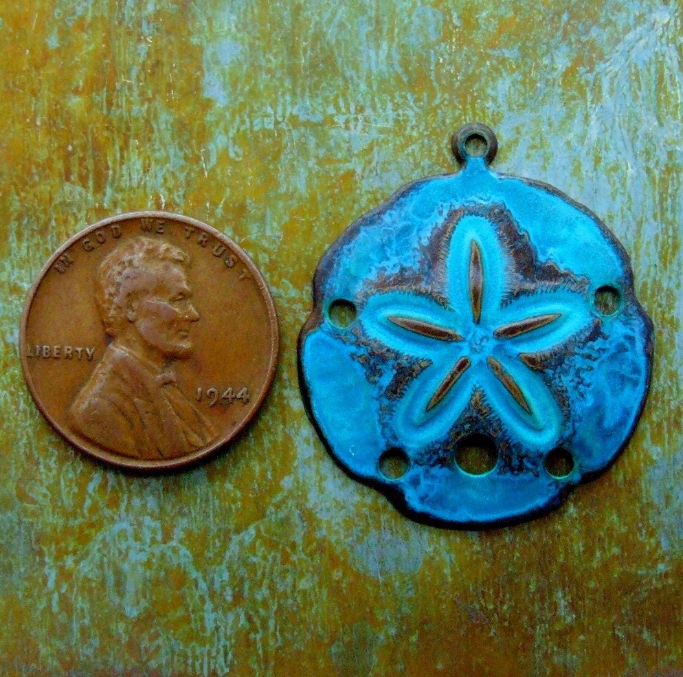 Aged Brass Teal Sand Dollar Charm - Large