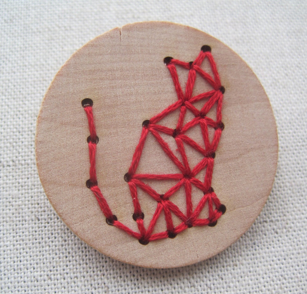 Geometric Cat Brooch: Embroidery on wood