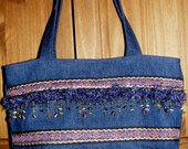 Handmade Denim Handbag Tote Shopping Bag Purse with Beaded Trim