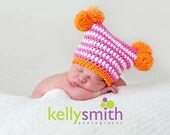 Newborn Cotton Pom Pom Hat - Bright Pink, Bright Orange, White