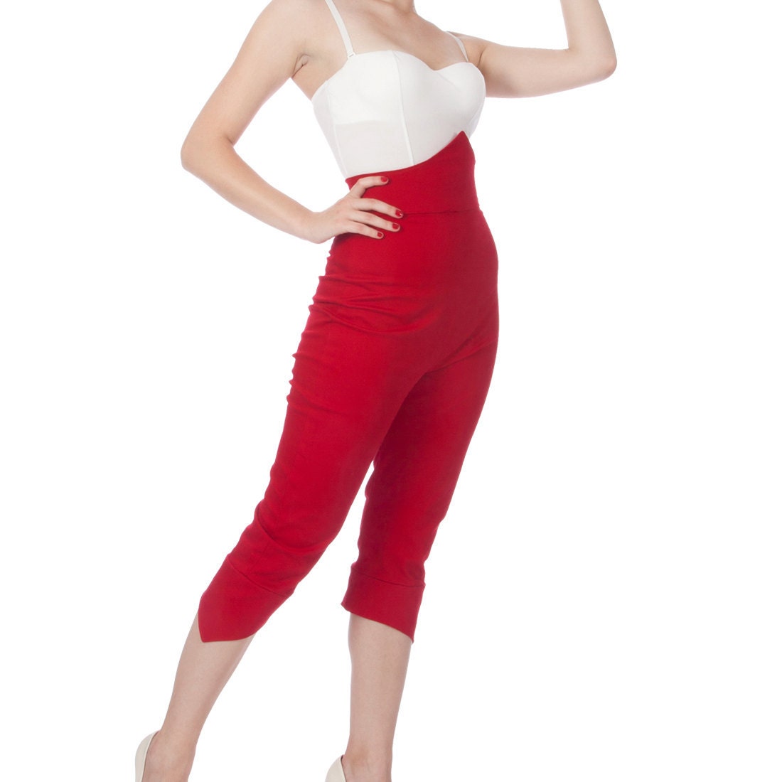 Penny Super High Waisted Pointy Capri Pants in Red Stretch Cotton Twill (Size XS-XL)