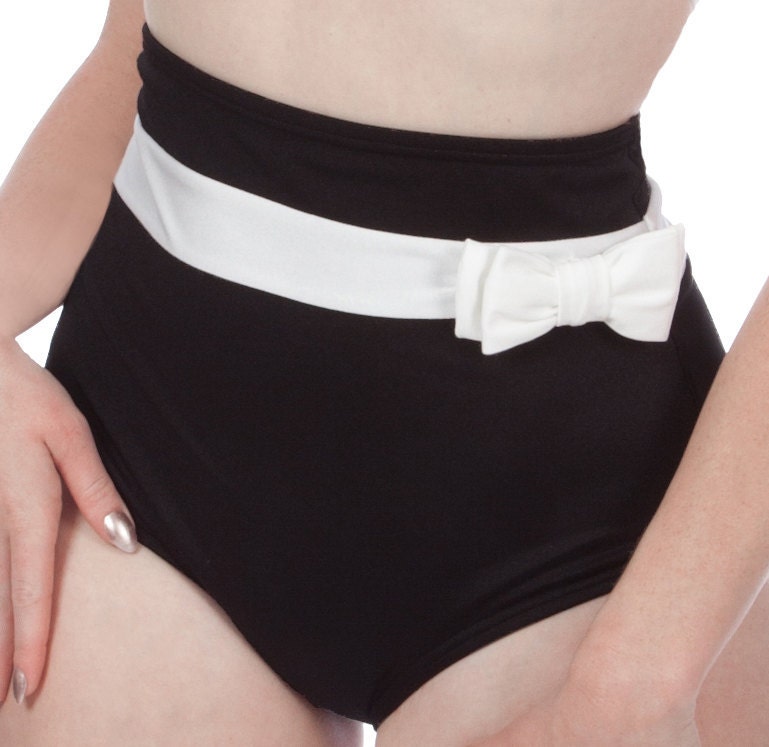 Frannie Super High Waisted Black and White Bikini Bottom with Bow (XS-XL)