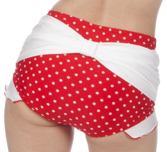 Shirley Bow Back with Ruffles Retro High Waisted Swim Bottom in Red/White (XS-XL)