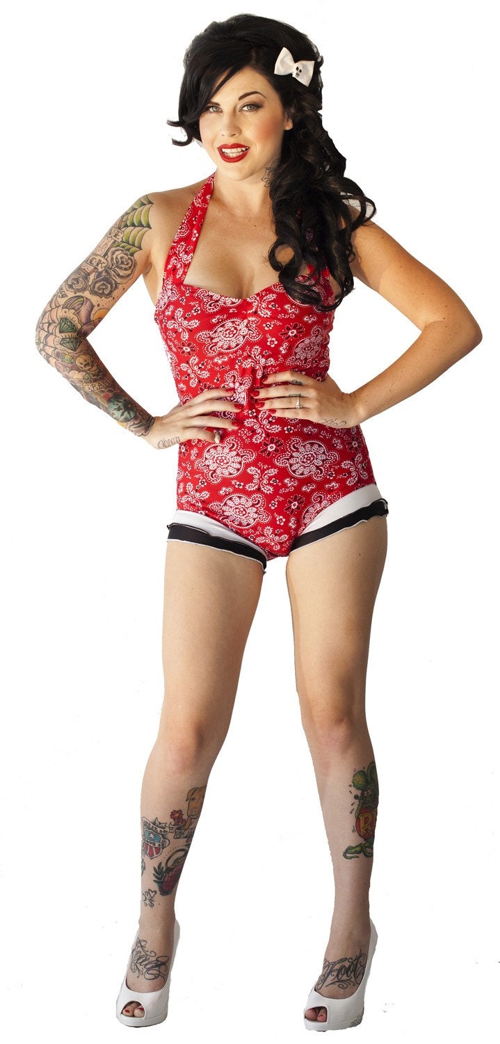 SALE Romper Halter Swimsuit in Red Bandana with Black and White Ruffles(S,M,L)