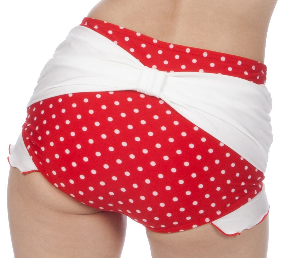 Shirley Bow Back with Ruffles Retro High Waisted Swim Bottom in Red/White (XS-XL)