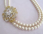 Bride Bridesmaids Mothers Gold Tone Rhinestone Brooch 2 strand pearl necklace Bridal Wedding Jewelry