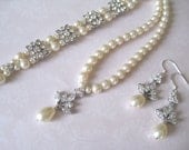 Bride-Bridesmaids- Crystal Leaf Rhinestone Pearls Neckalce- Earrings and 2 strand pearl bracelet set