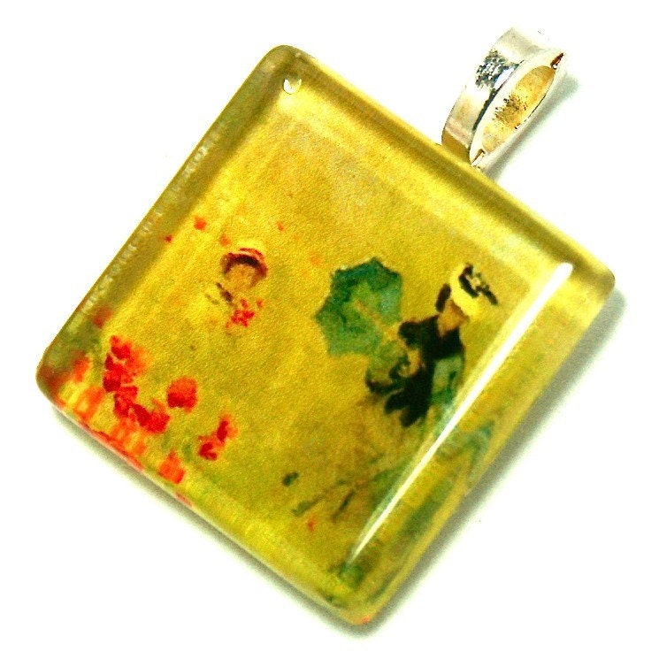 Monet- Woman Child In Poppies Field Hill- Glass Tile Pendant-Claude Monet
