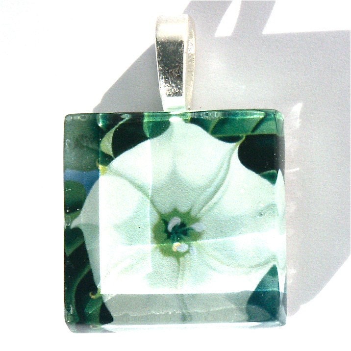 Glass Pendant Image of Georgia O'Keefe Painting of A White Trumpet Flower