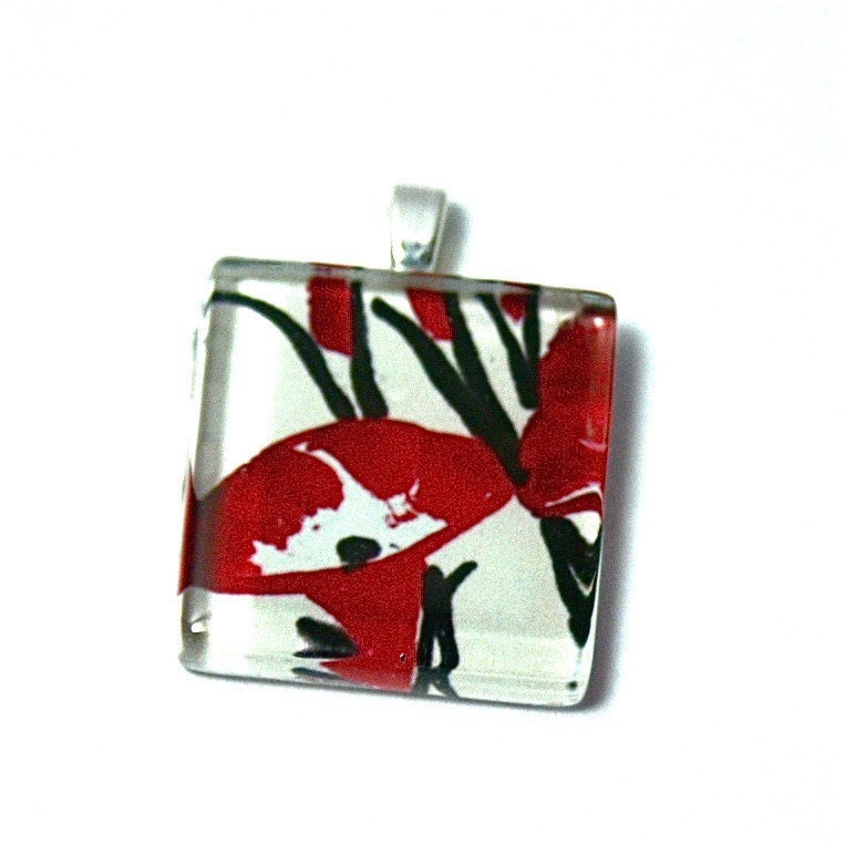 Glass Tile Pendant Image of Japanese Red Calla Lilies Painting