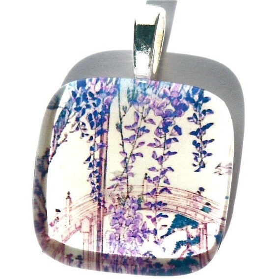 Pendant Violet Wisteria Blossoms Curved Bridge In Background Asian Painting
