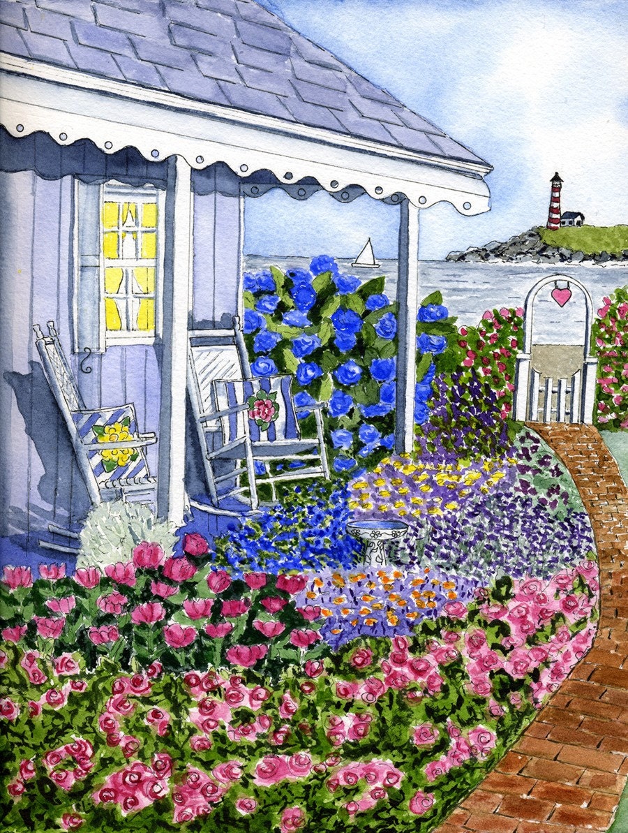 Porch Rockers By The Sea Original Watercolor Painting Print
