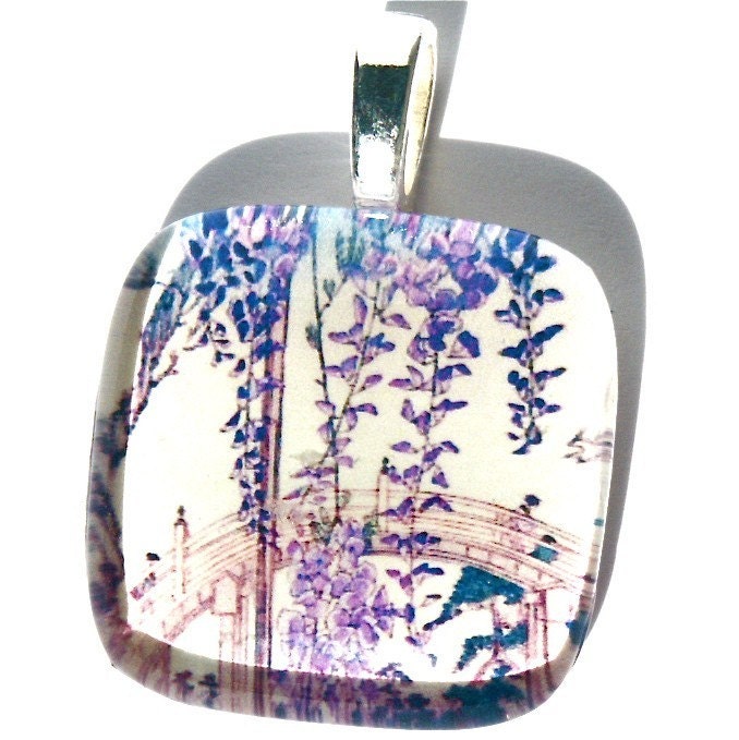 Pendant Violet Wisteria Blossoms Curved Bridge In Background Asian Painting