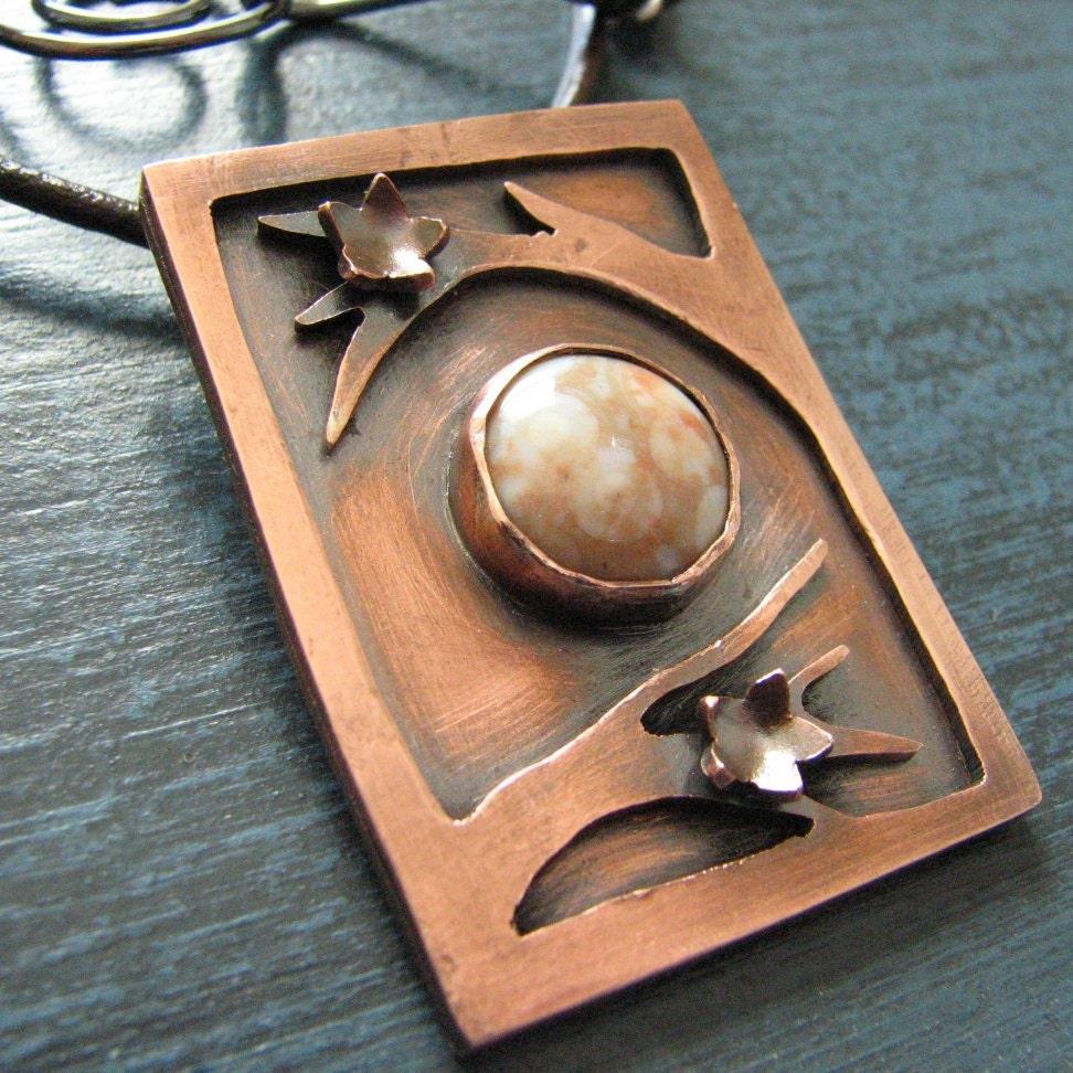 Flowering Branches Copper Pendant with Ocean Jasper on Leather Cord