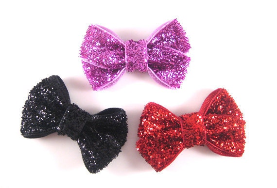Baby Hair bows in Glitter - Set of 3 - Toddler Hair Bows - Infant Hair Bow Clips - Black Glitter - Pink Glitter - Red Glitter - Sparkle