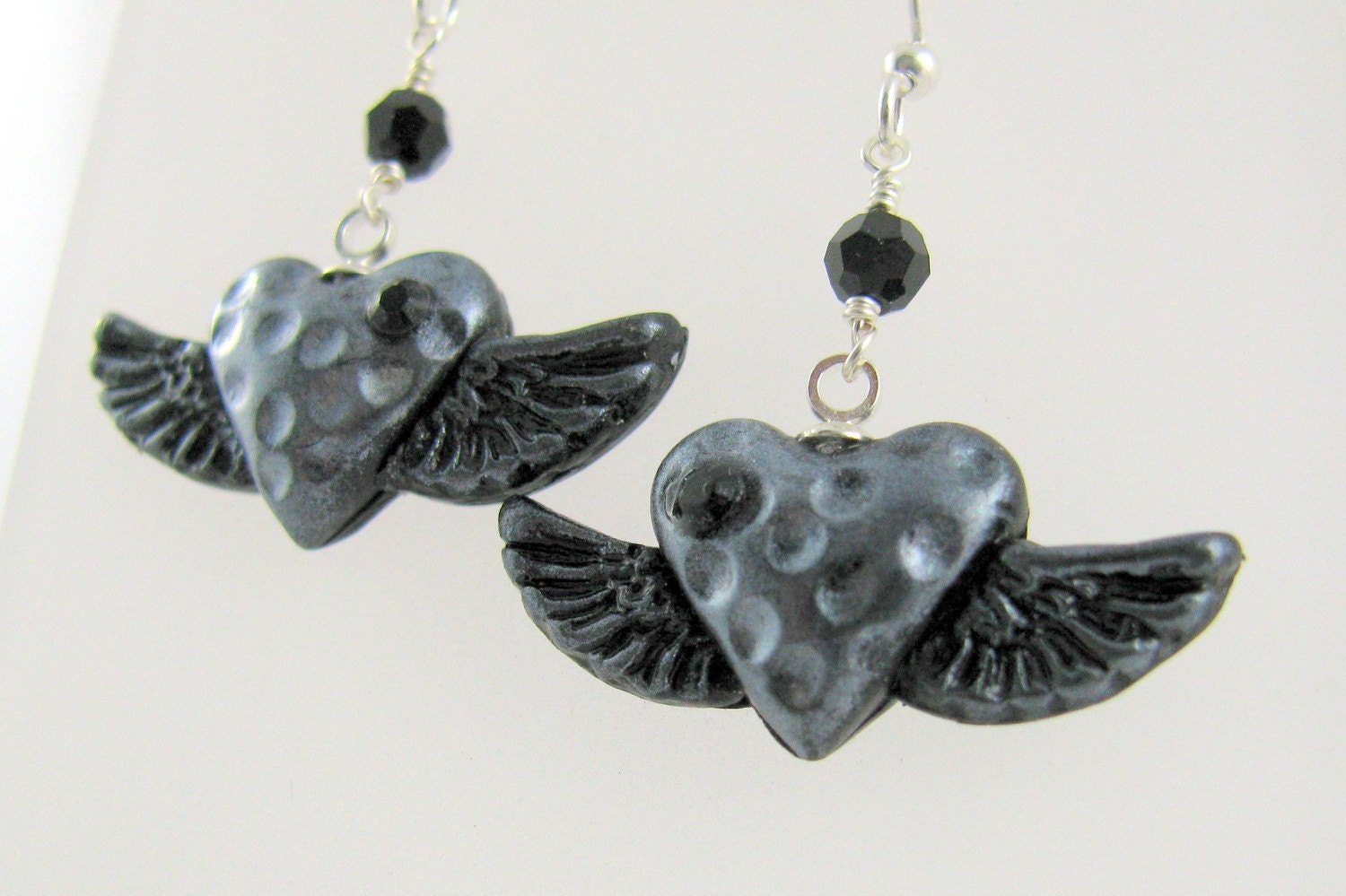 Winged Heart Silver Black Earrings