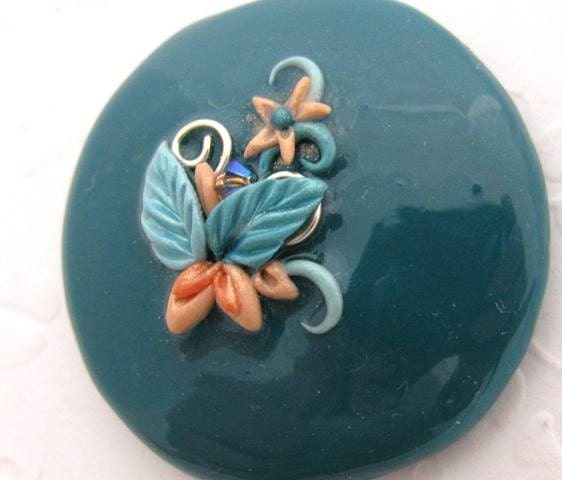 Cabochon Round Teal Floral  Botanic Coral Peach