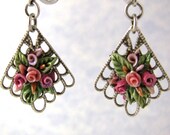 Earrings Polymer Roses Pink Victorian Fan Silver