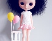 White Crochet dress with pink ruffles for Blythe dolls