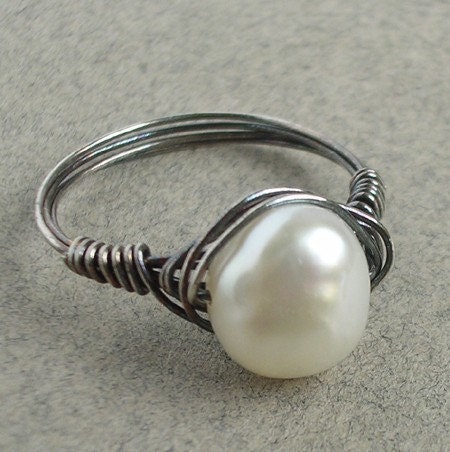 White Freshwater Pearl Ring Sterling Silver Ring Oxidized Silver Wire Wrapped Ring