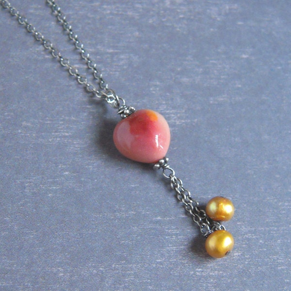 Pink Heart Mookite Necklace Golden Freshwater Pearl Necklace Oxidized Sterling Silver Necklace