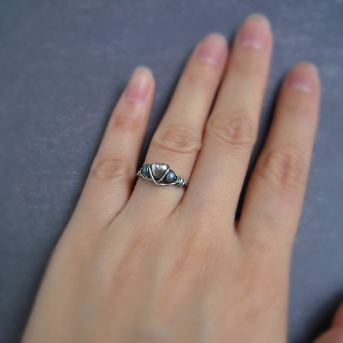 Tiny Heart Peacock Pearl Oxidized Sterling Ring - Size 6
