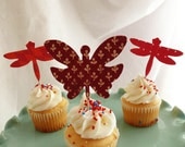 Butterfly and Dragonfly Cupcake Toppers, Party Picks, Food Picks Ruby