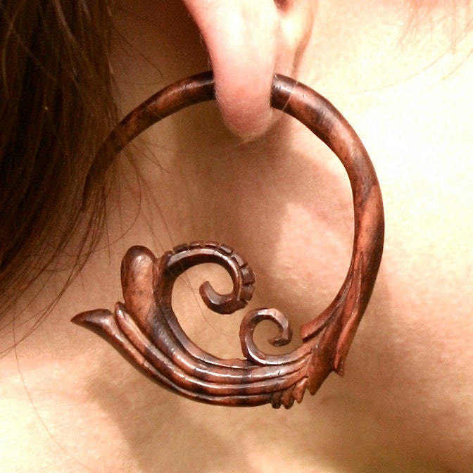 Flourish Hoops - Wood Fake Gauge.  hand carved sono wood. Tribal.