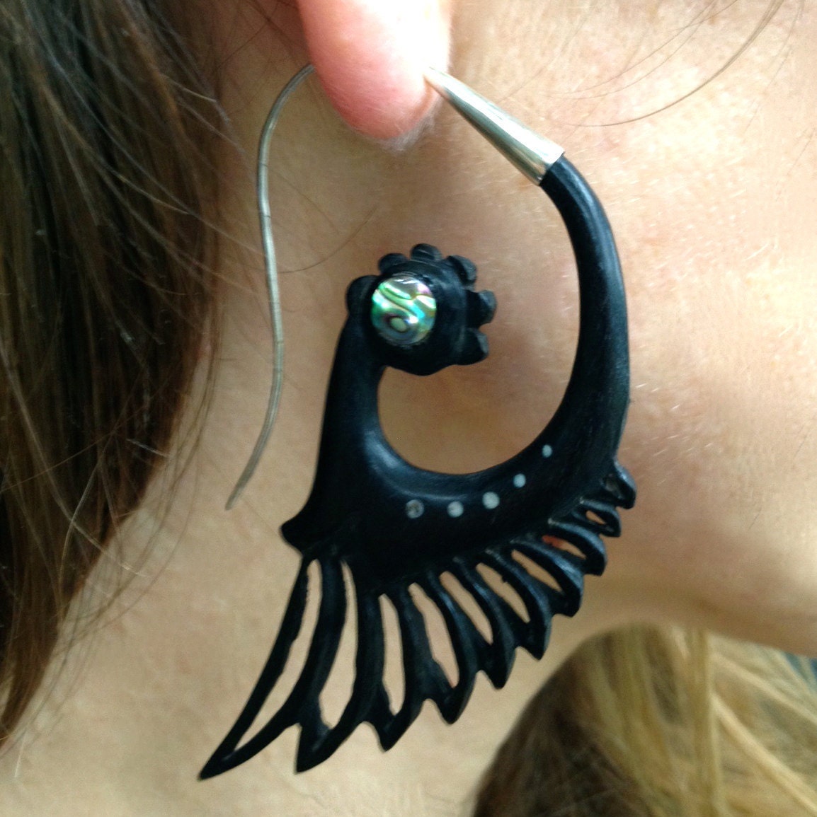 Feathers of love Earrings - black wood, abalone, sterling silver