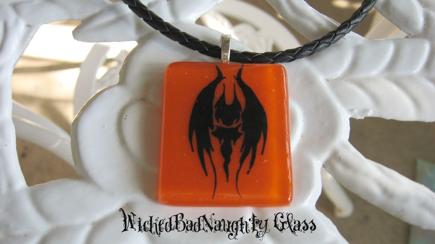 WBN Orange Evil Bat Staind Glass Mens/Unisex Necklace