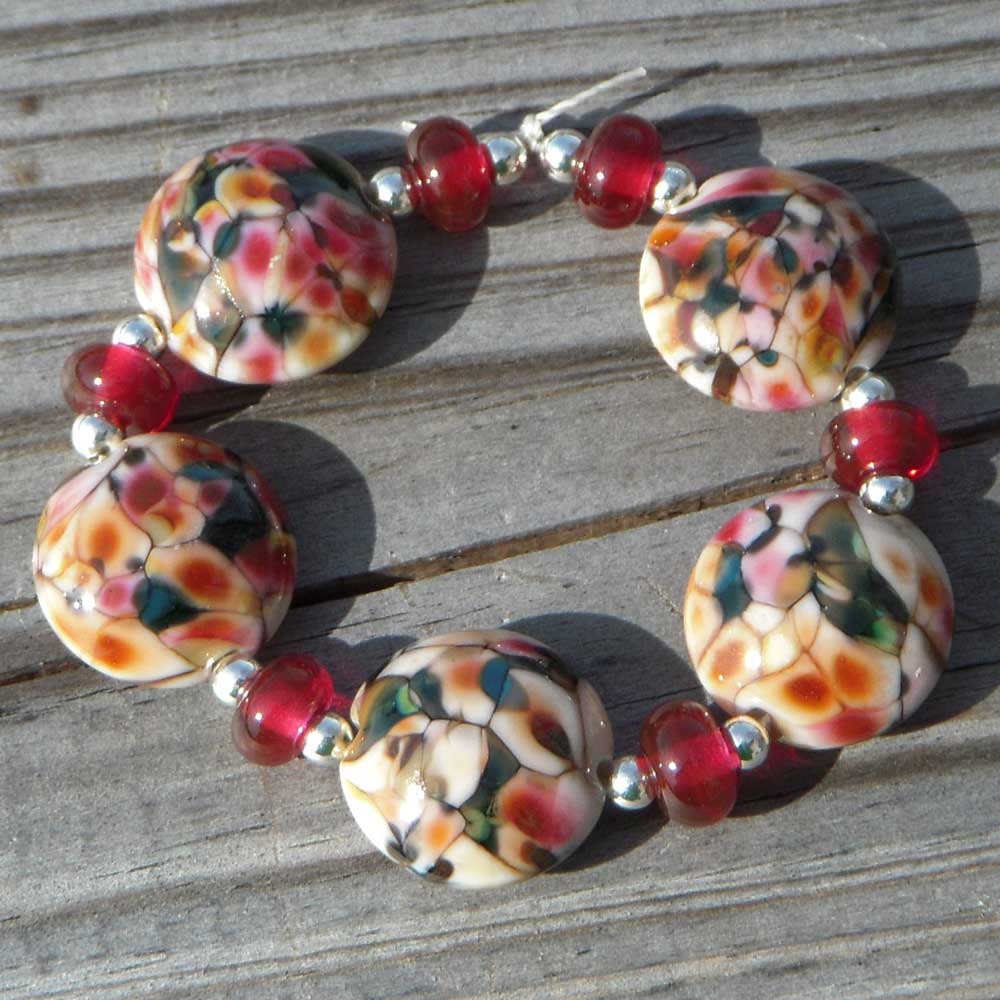 Lampwork beads, lentils, pink, green, ivory, "Gypsy Skirt"
