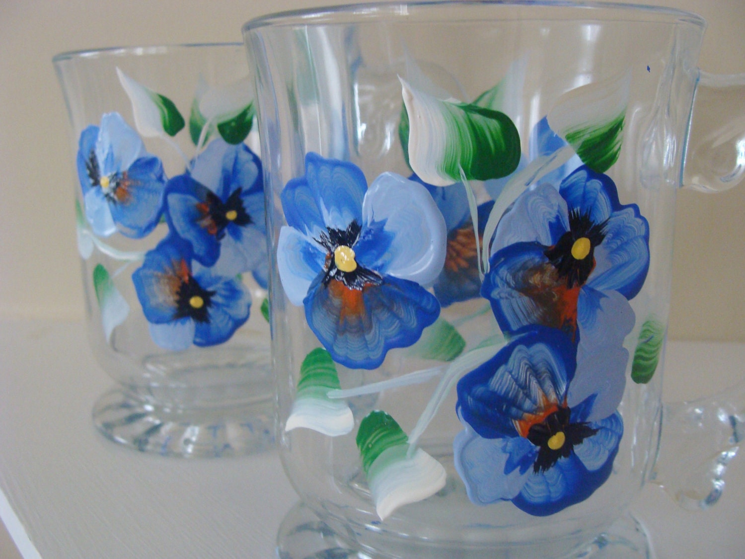 Pansy Floral Mugs in Blue Hand Painted