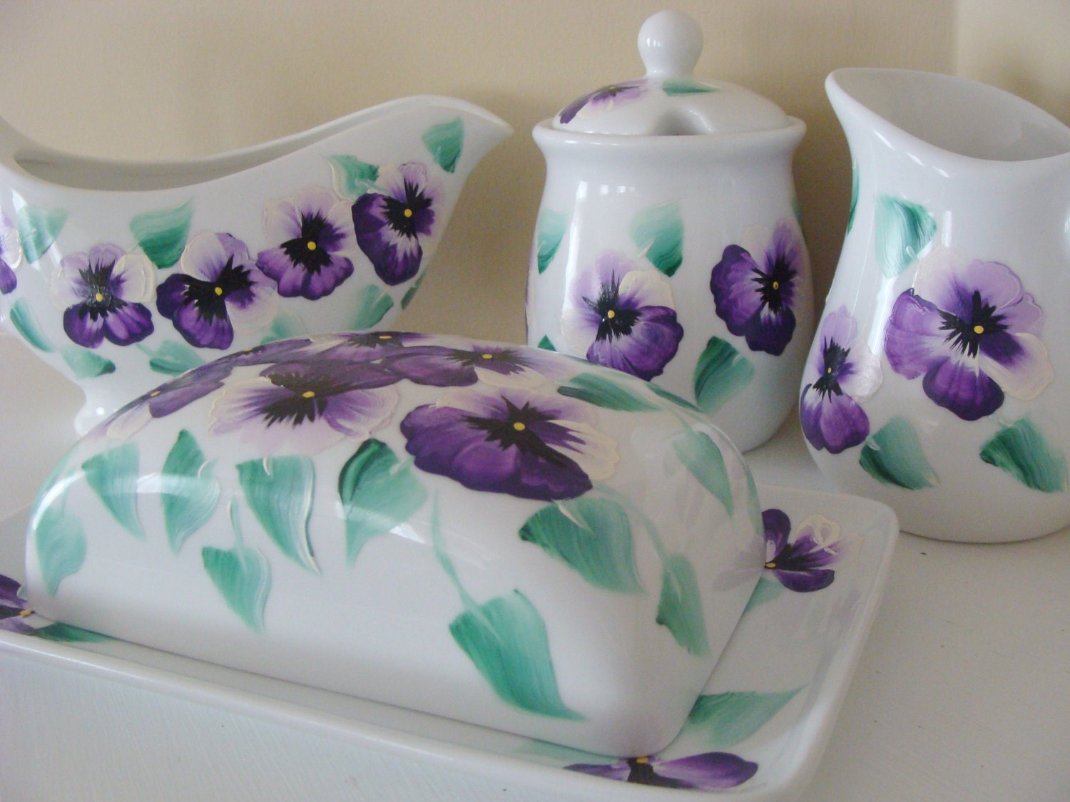 Pansy Gravy Boat,Butter Dish,Cream and Sugar Serving Set Hand Painted
