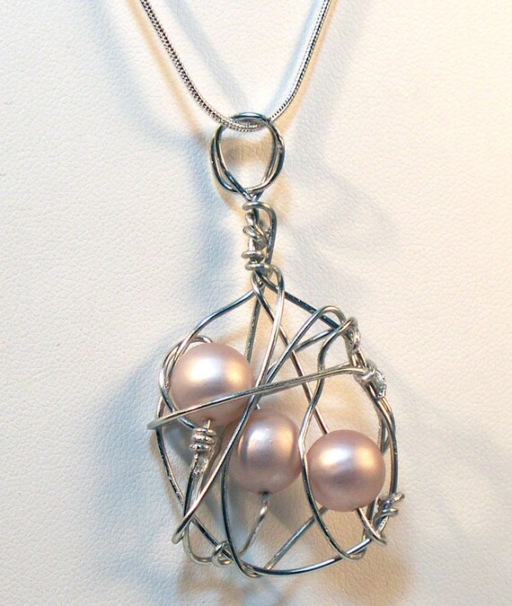 Vintage Beige Pearl Wire Wrapped Orbit Necklace - Sterling Silver
